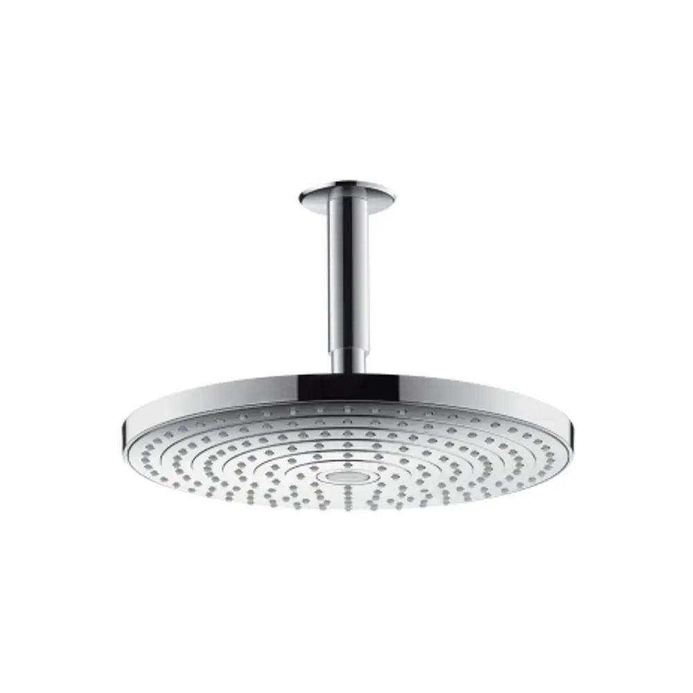 Chromfarbene Kopfbrause mit runder Form und Deckenanschluss. Das Produkt von Hansgrohe verfügt über mehrere Sprühströme, sichtbar durch die kleinen Düsen auf der Oberfläche.